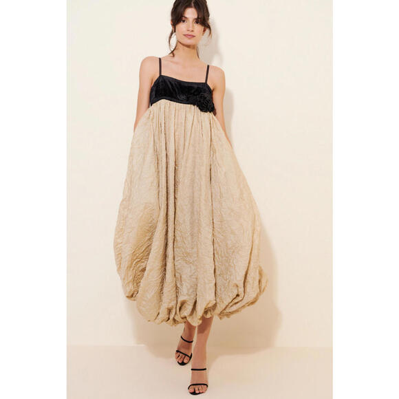 Free People - Beige and Black Spaghetti Strap Midi Dress w/ Balloon Hem, Size S - Picture 1 of 11